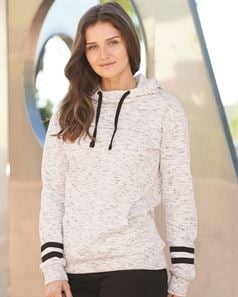 preview image of J. America 8674 Women's Melange Fleece Striped Sleeve Hooded Pullover
