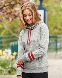 preview image of J. America 8674 Women's Melange Fleece Striped Sleeve Hooded Pullover