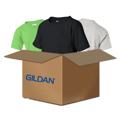 Green, black, and gray T-shirts and blank apparel inside a box labeled with Gildan logo