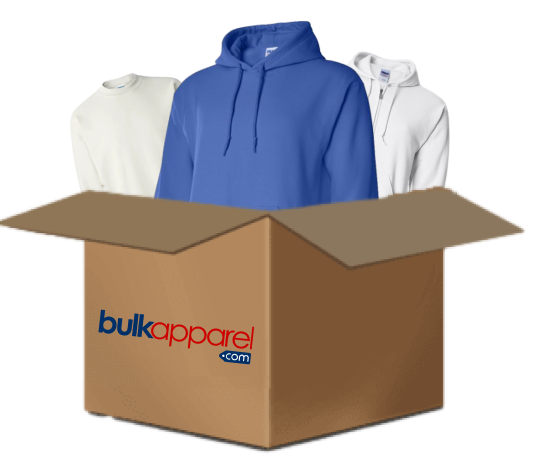 White t-shirt, and blue and white hoodie inside a box labeled with Blank Apparel logo