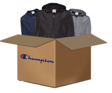 Dark blue, black, and gray hoodie inside a box labeled with Champions logo
