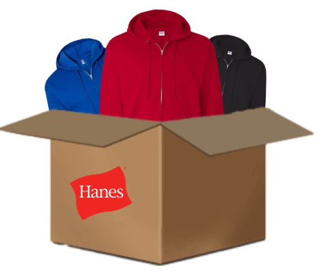 Blue, red, and black hoodie inside a box labeled with Hanes logo