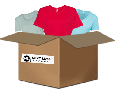 Grey, red, and blue T-shirts and blank apparel inside a box labeled with Next