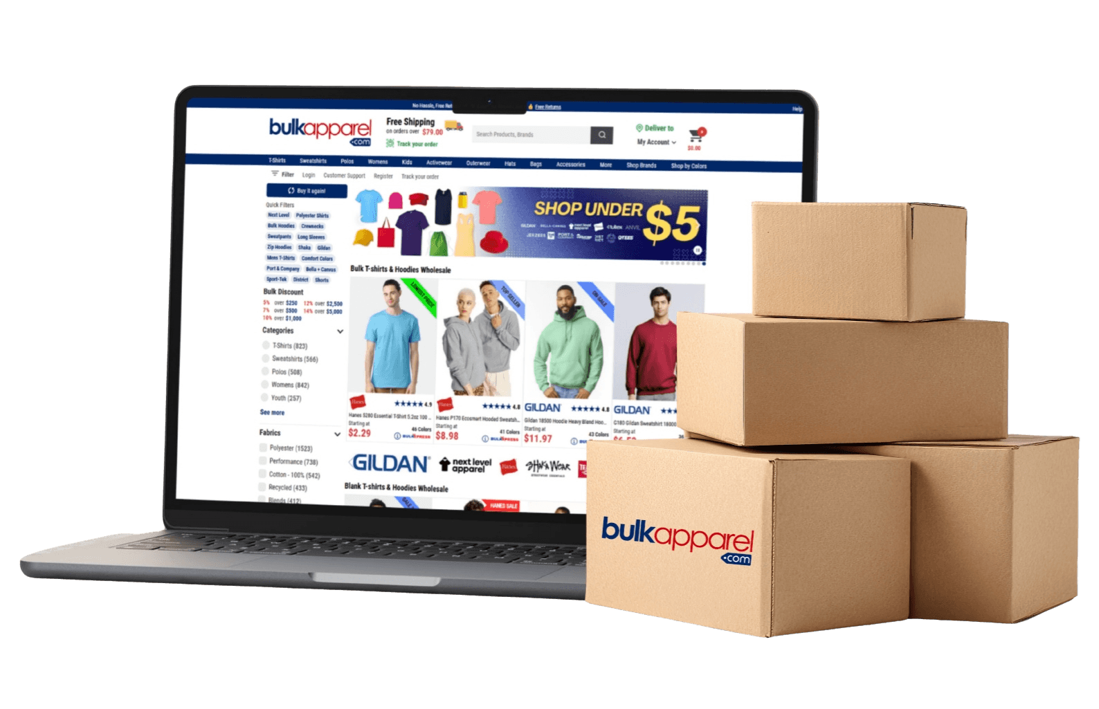 BulkApparel on a laptop with shipping boxes