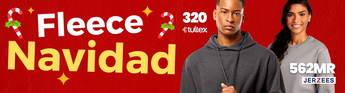 Banner for Red background with Fleece Navidad text and various fleece hoodies