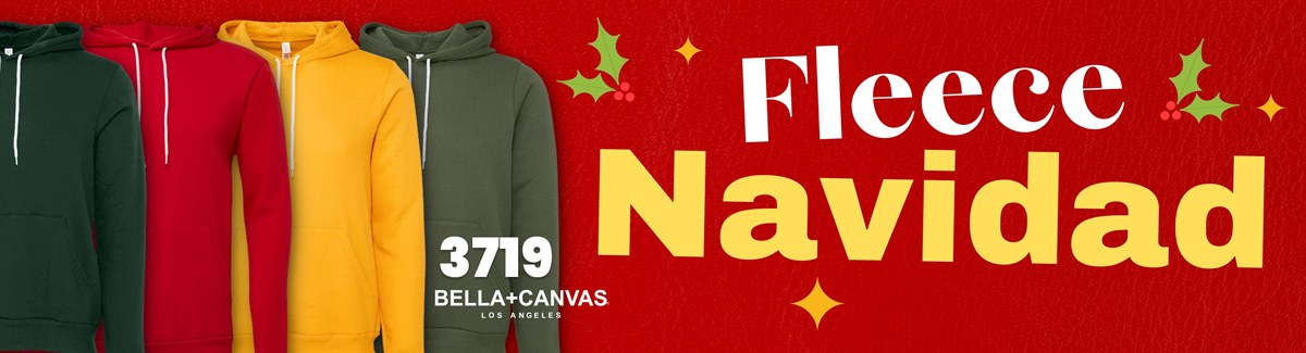 Banner for Red background with Fleece Navidad text and various fleece hoodies