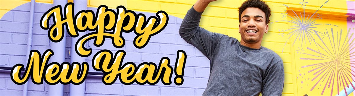 Banner for Happy New Year banner with a person and a colorful background.