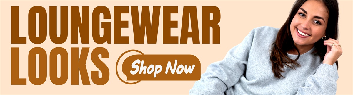 Cozy Loungewear Banner for Female wearing comfortable lounge clothing with text Loungewear Looks.