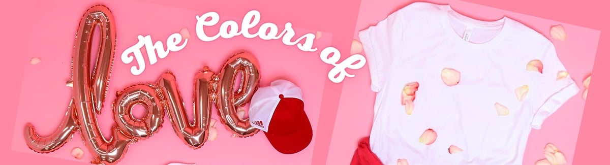 Valentine's Day Fashion Banner for Pink background with white shirt, red hat, and balloon spelling Love.