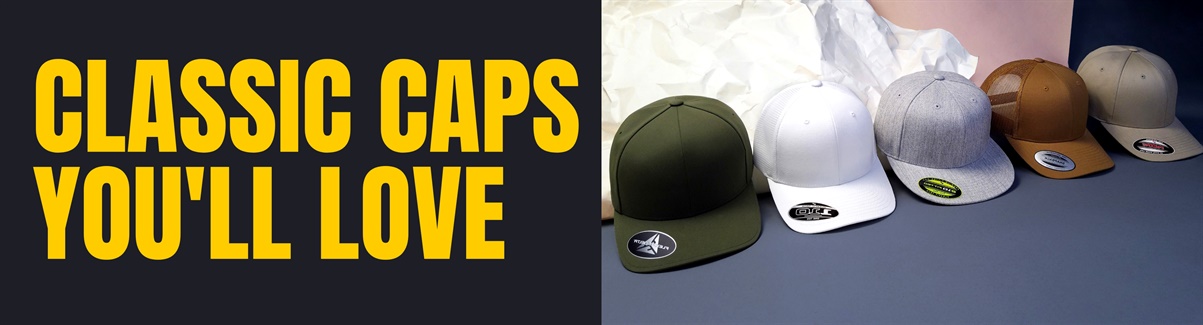 Classic Caps Collection Banner for A variety of classic baseball caps with text Classic Caps you'll love