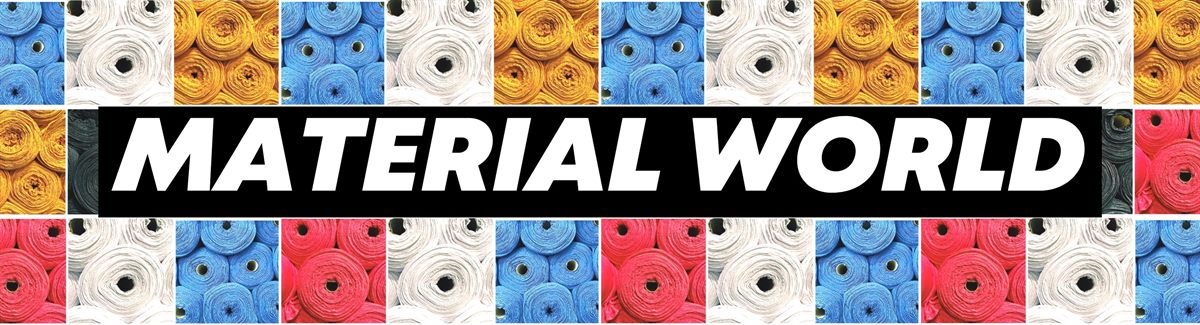 Banner for Variety of colored fabric rolls in grid pattern.