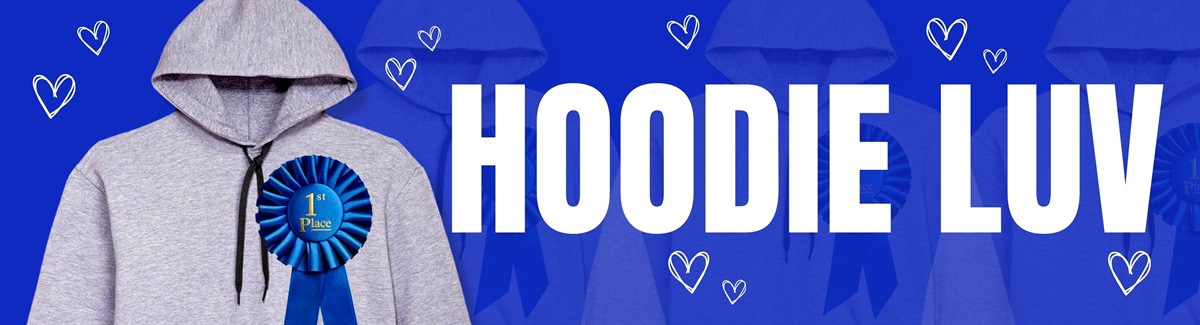 Award-Winning Hoodie Banner for Blue background with gray hoodie and Hoodie Luv text.