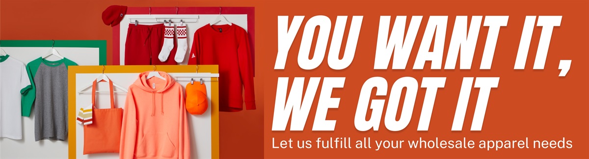 Banner for Orange background with clothes on hangers and text You Want It, We Got It.