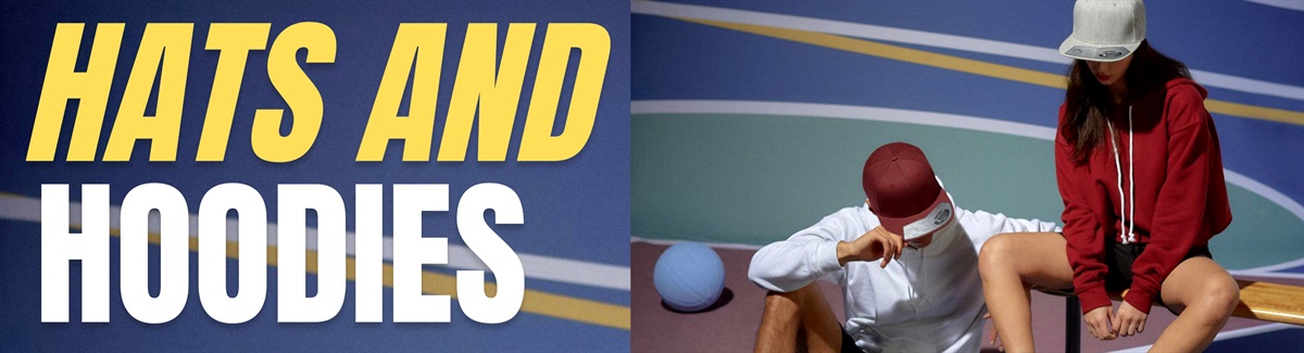 Banner for Text Hats and Hoodies with people wearing hats and hoodies