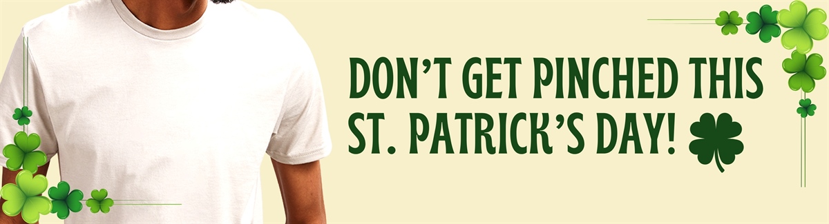 Banner for Green clovers and text on yellow background with white t-shirt.