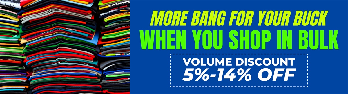 Banner for Bulk order discount banner with a stack of colorful t-shirts.