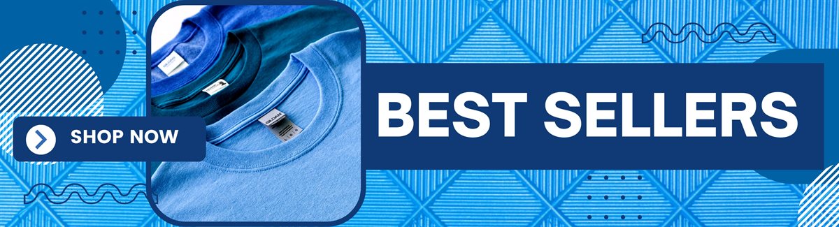 Banner for Blue background with BEST SELLERS text and folded t-shirts
