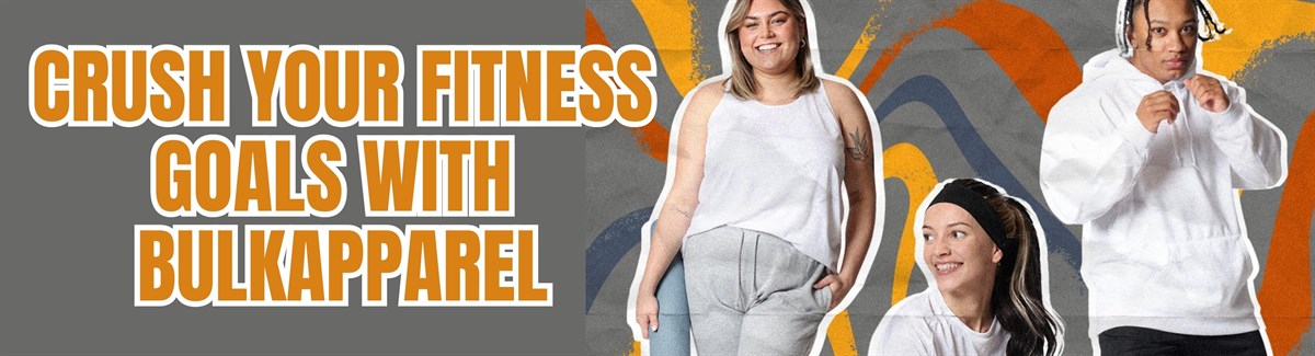 Banner for Three people wearing white tops of different styles in grey background with text Crush your Fitness Goals with BulkApparel