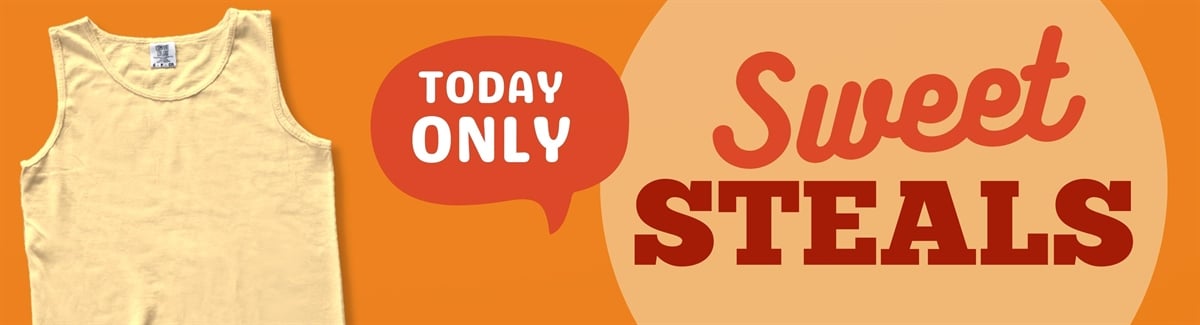 Banner for Yellow tank top on orange background with text Today Only - Sweet Steals