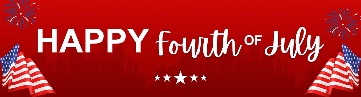 Banner for Red background with building silhouette, fireworks, stars, american flag and text Happy Fourth of July