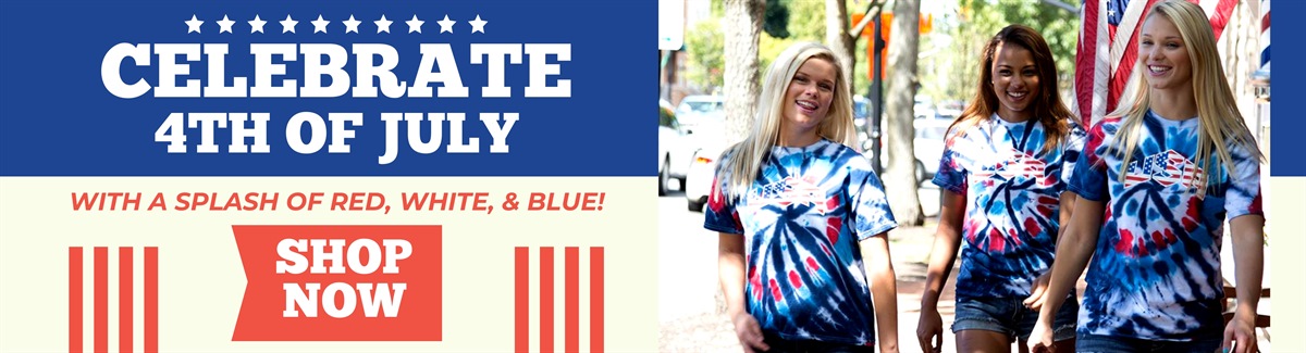 Banner for Three smiling girls wearing american-themed tie-dye shirts with text Celebrate 4th of July with a Splash of Red, White, and Blue