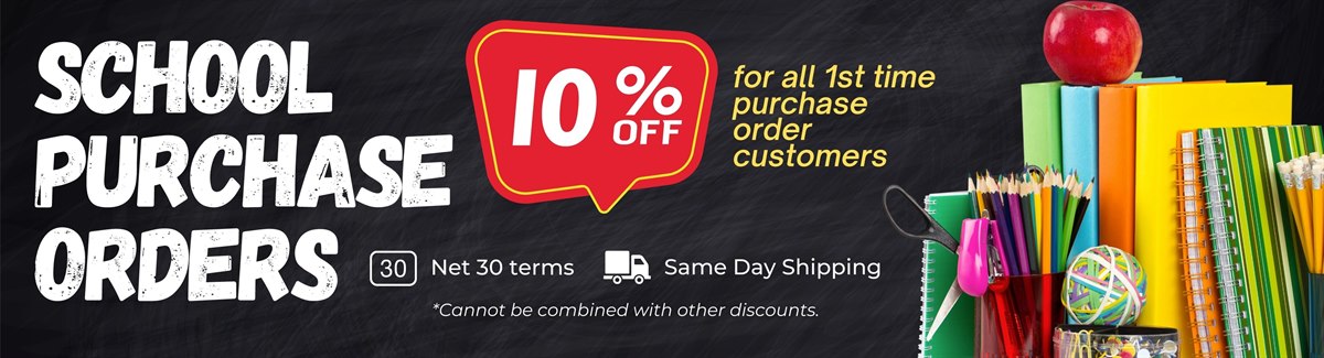 Banner for Black background with school supplies on the right and text School Purchase Orders - 10% off for All 1st time Purchase Order Customers Same Day Shipping
