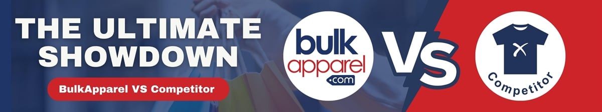 Banner for The Ultimate Showdown - BulkApparel vs Competitor text on blue and red background