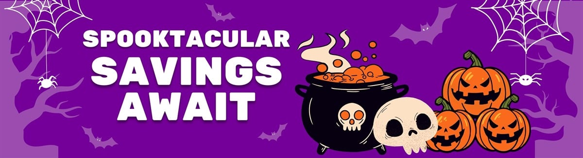 Banner for Bowl of boiling orange liquid, skull, and 3 halloween pumpkin on a spooky purple background with text Spooktacular Savings Awaits