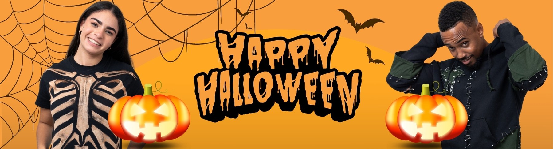 Banner for Male and a female wearnig black halloween tops with pumpkins on an orange spooky background with text Happy Halloween