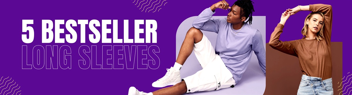 Banner for A sitting male wearing purple long sleeve and white cargo shorts and a posing female in brown long sleeve and jeans with text 5 Bestseller Long Sleeves