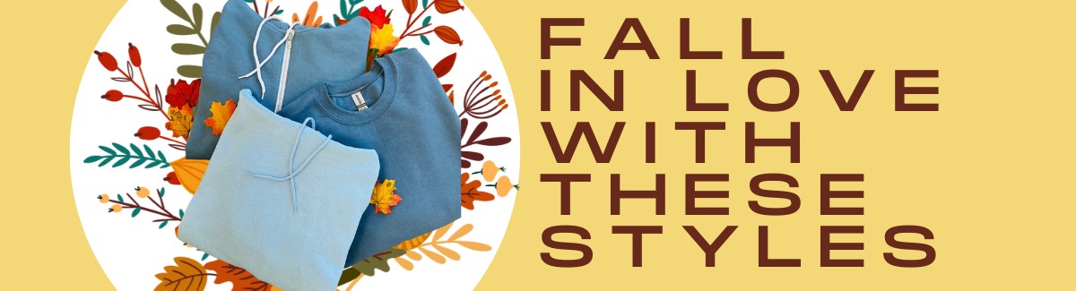 Fall in Love with These Styles Banner for Folded blue tops overlapping each other inside a blue floral circular background with text Fall in Love with These Styles