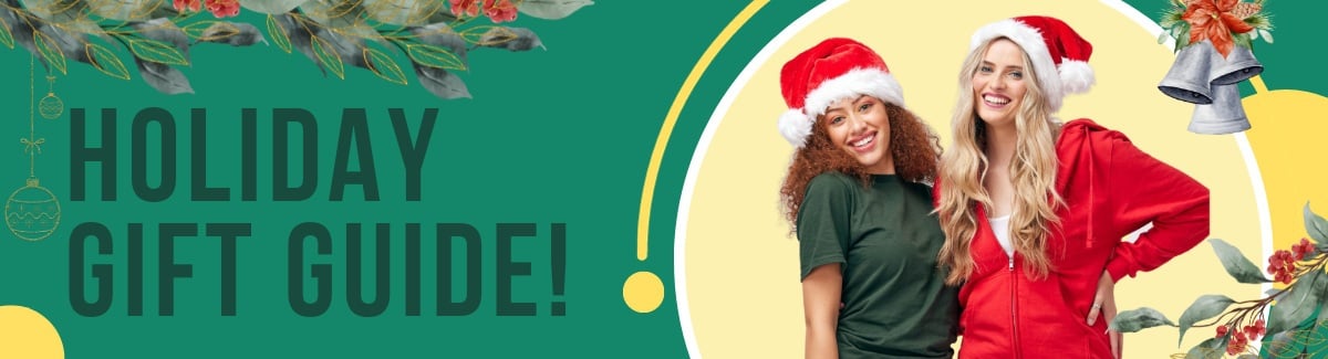 Banner for Two female wearing green and red tops with christmas hats on green background with text Holiday Gift Guide