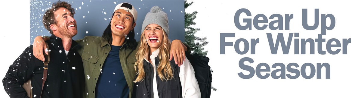 Gear up for Winter Season Banner for Three happy people wearing different style winter outfits with falling snow with text Gear up for Winter Season