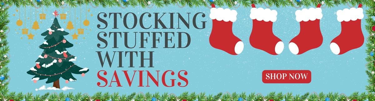 Banner for Four christmas stockings and a christmas tree on light blue background with garland border with text  Stockings stuffed with savings