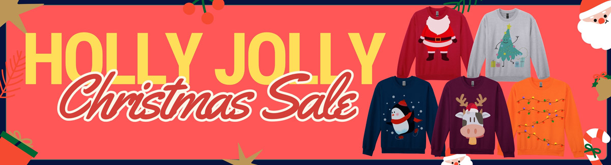 Banner for Peach background with text Holly Jolly Christmas Sale and 5 sweater in Christmas designs