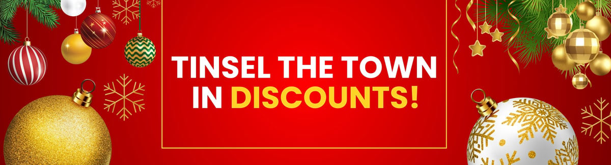 Banner for Red background with Christmas ornaments and with text Tinsel the Town in Discounts