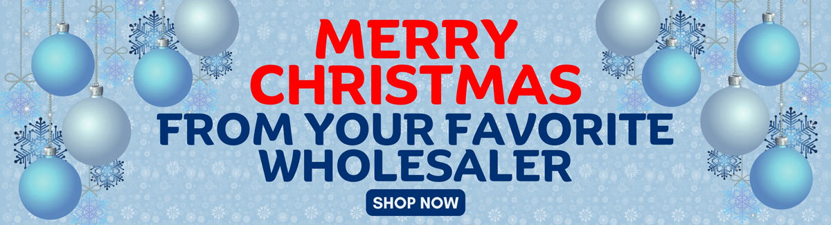 Banner for Merry Christmas from your Favorite Wholesaler text with blue and grey christmas balls in snow flakes background