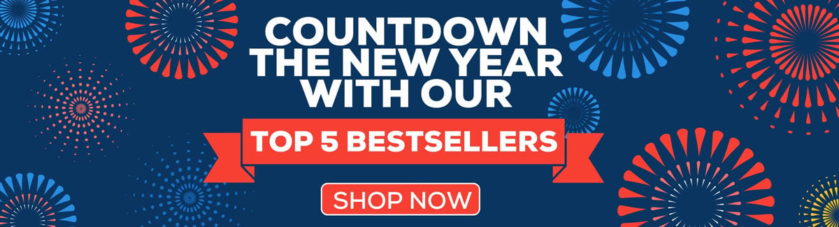 Banner for Countdown the New Year with Our Top 5 Bestsellers text with circular art designs on a blue background