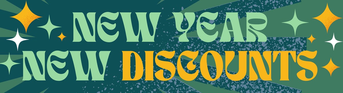 New Year New Discounts Banner for New year new discounts text with different color stars on blue background