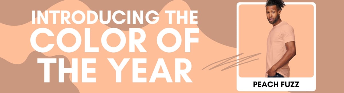 Banner for A male inside a white frame with text Introducing the Color of the Year - Peach Fuzz