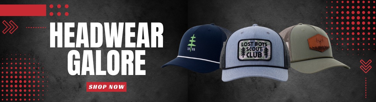 Banner for Three trucker caps in different designs on black background with text Headwear Galore