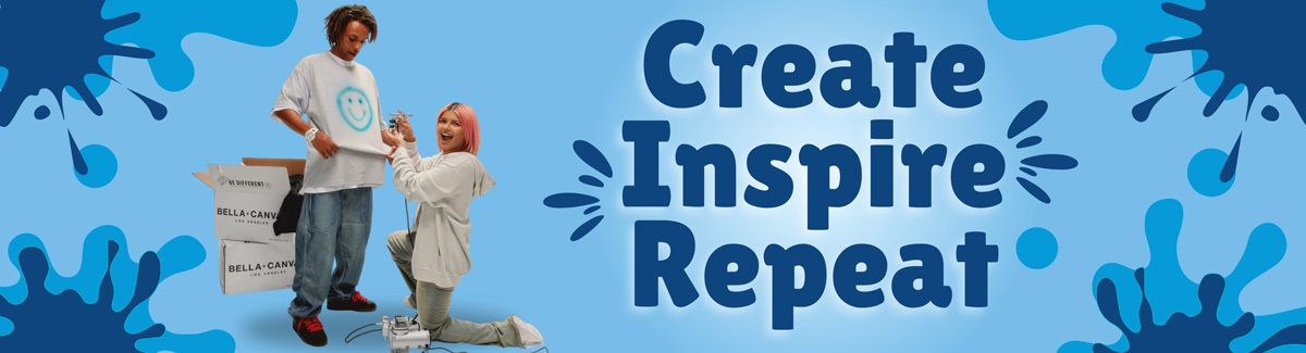 Create Inspire Repeat Banner for A female using an airbrush to paint a white shirt with two boxes at the back with text Create Inspire Repeat