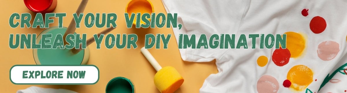 Craft Your Vision, Unleash Your DIY Imagination Banner for White shirt used as art canvas with colorful circle design and art materials on yellow backgroung with text Craft Your Vision, Unleash Your DIY Imagination