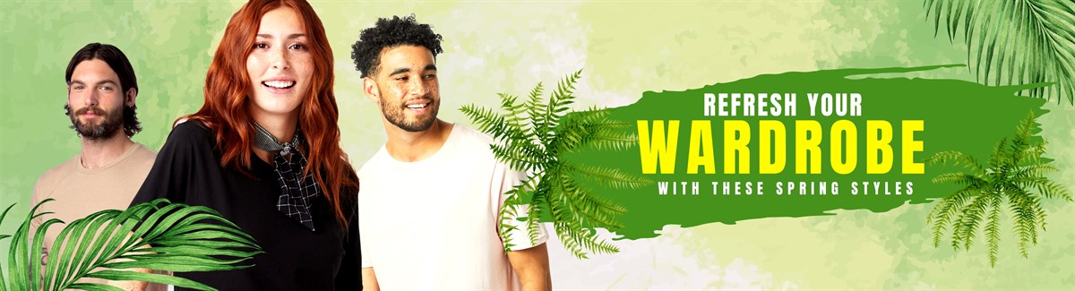 Banner for Three smiling individuals in front of a green spring-theme background with text Refresh Your Wardrobe with These Spring Styles