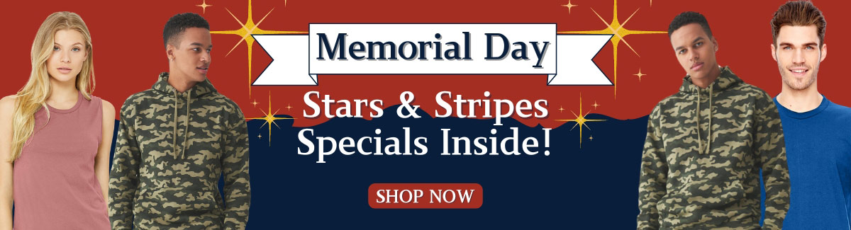Banner for People wearing camouflage hooded sweatshirt, red tank top, and blue shirt with text Memorial Day Stars & Stripes Specials Inside