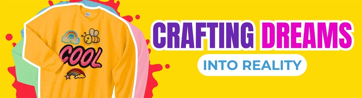 Crafting Dreams Into Reality Banner for Sweatshirt with rainbow and bee designs on yellow background with text Crafting Dreams Into Reality