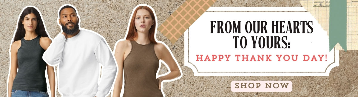 Banner for Three people in casual clothing with different colors on a brown textured background with text From our Hearts to Yours - Happy Thank You Day