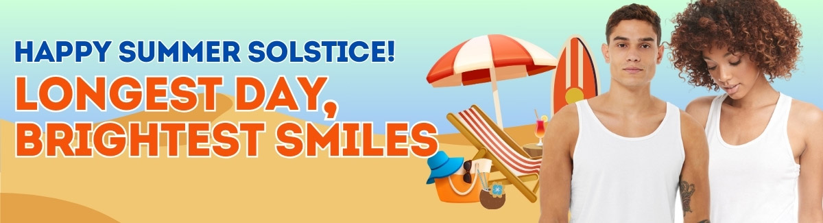 Banner for A male and a female wearing white tank tops with a summer-theme background with text Happy Summer Solstice - Longest Day, Brightext Smiles