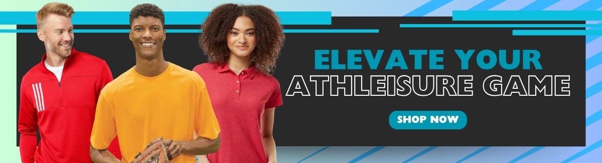 Banner for Three people in different styles of athleisure outfits  on black and blue background with text Elevate your Athleisure Game