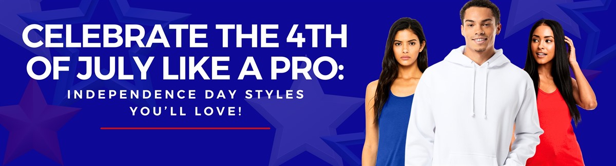 Banner for Group of people wearing different types of shirts in blue, white, red with text Celebrate the 4th of July Like a Pro - Independence Day Styles You Will Love